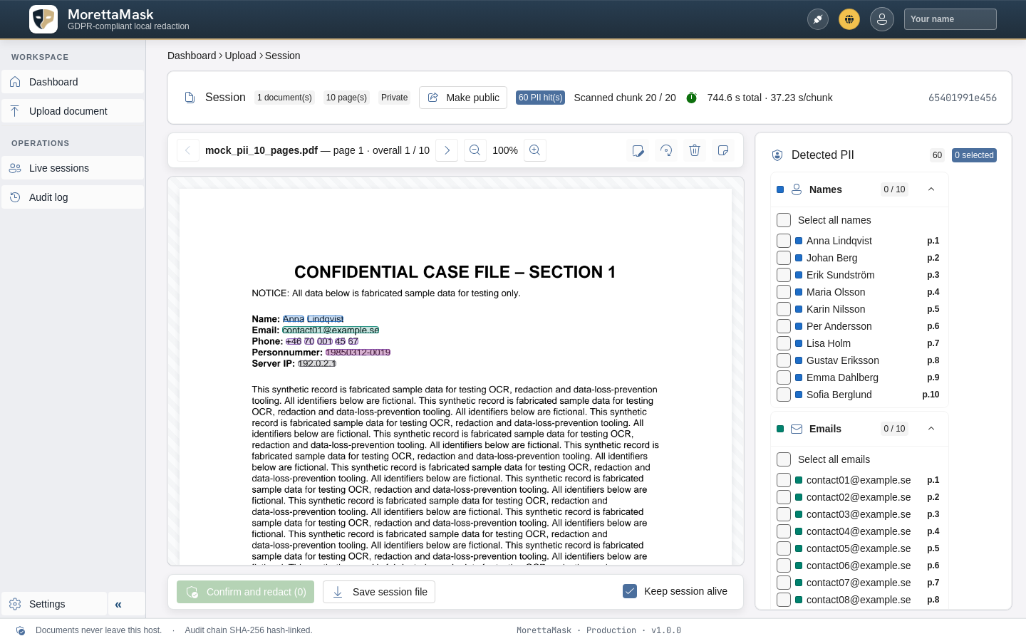 MorettaMask showing 50 detected PII items colour-coded across a document