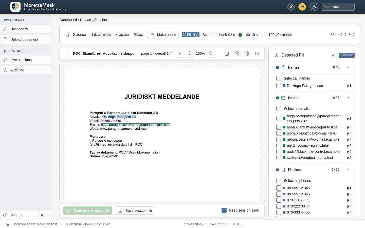 Reviewing and confirming which detected items to redact on a legal document