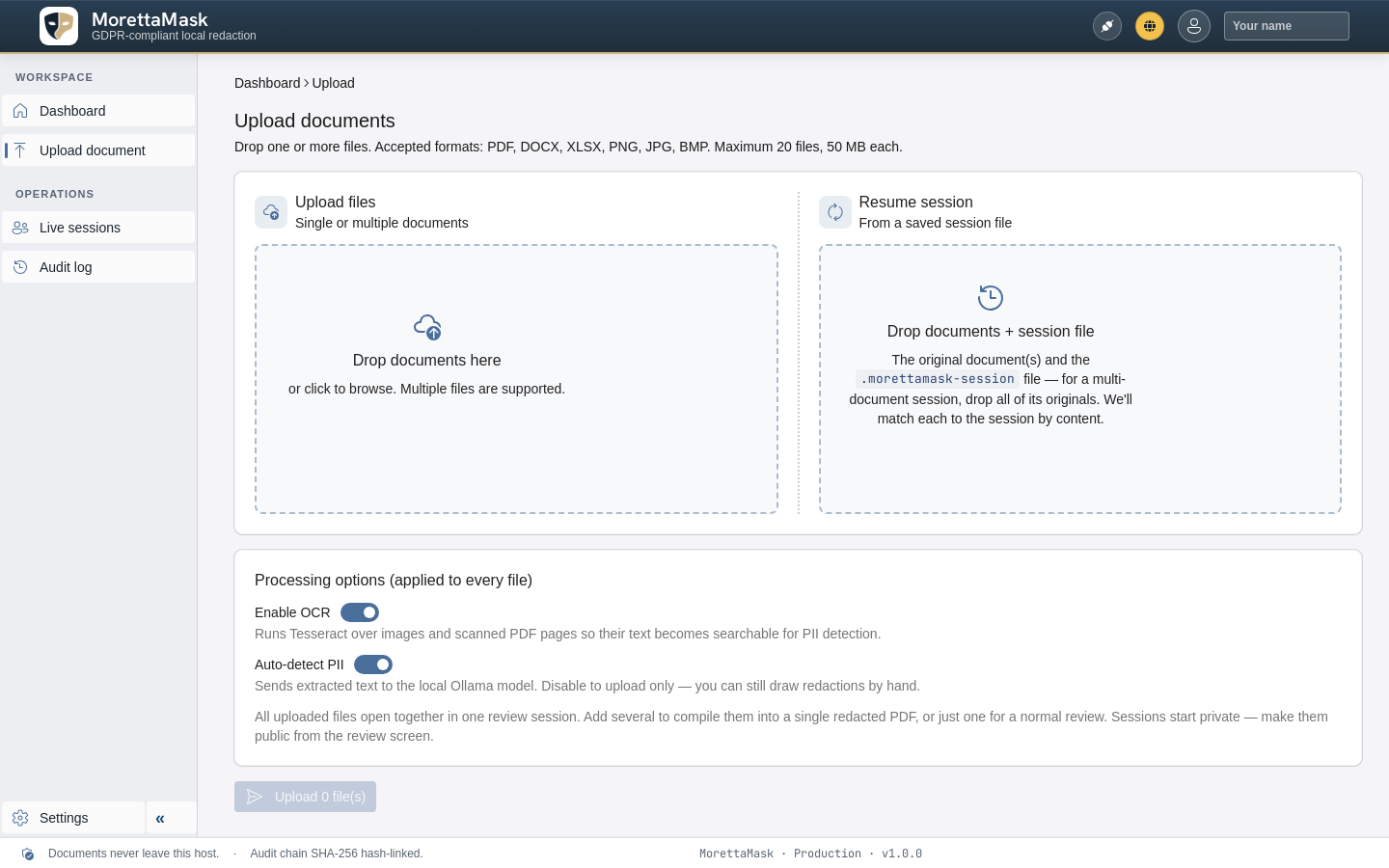 Uploading documents to MorettaMask, with OCR and auto-detect toggles